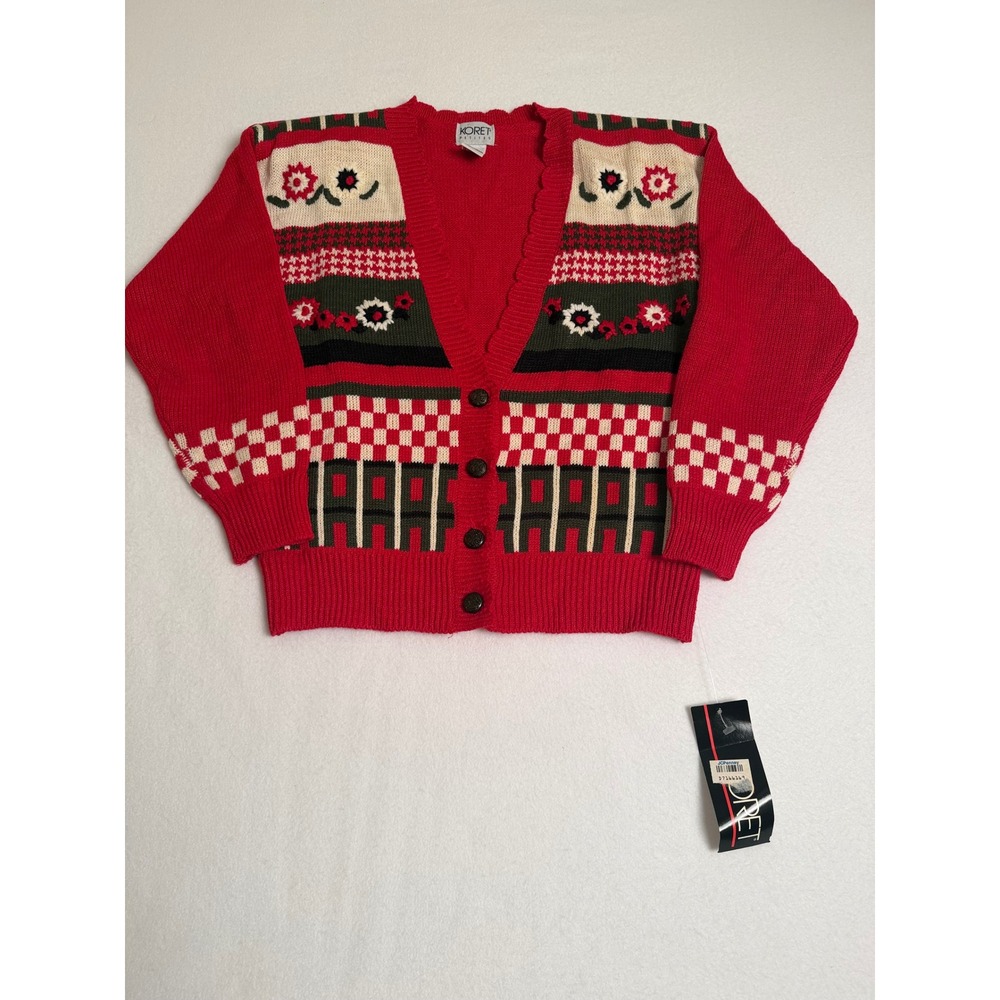 Koret Petites Red Multi Pattern Floral Knit Cardigan Sweater Vintage Style S